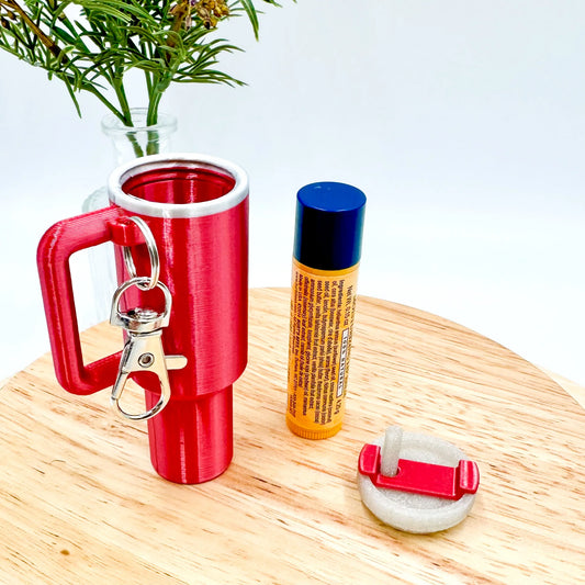 Tumbler Cup Lip Balm Holder Keychain Accessory - 3D Printed Multicolor 3 Inches Tall Portable Lip Balm Container with Keyring