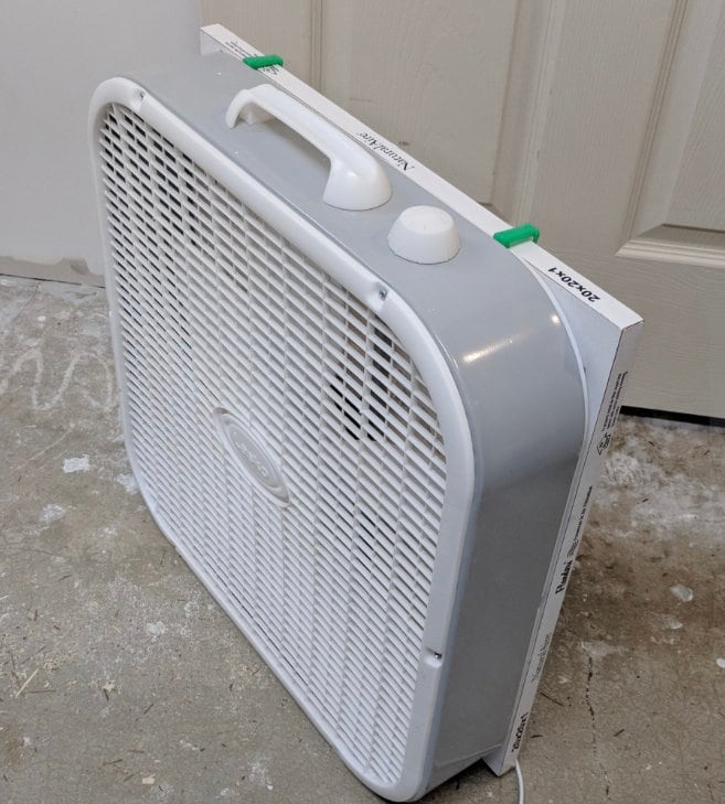 Box fan filter mount attachment for workshop or garage ventilation