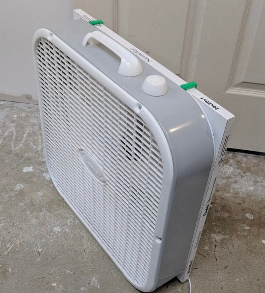 Box fan filter mount attachment for workshop or garage ventilation